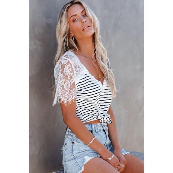 POL White with Black Stripes V Neck Lace Sleeve Rayon Jersey Tee - Picture 8 of 12